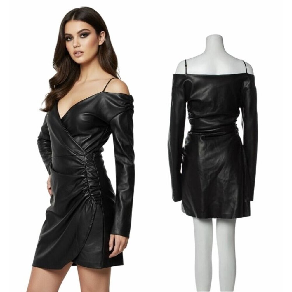 ⭐Nanushka Black Leather Look Women's Mini Dress Cold Shoulder Wrap V-Neck Small
